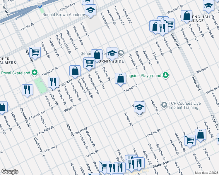map of restaurants, bars, coffee shops, grocery stores, and more near 4683 Balfour Road in Detroit