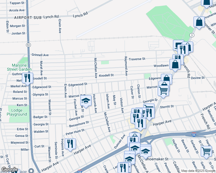 map of restaurants, bars, coffee shops, grocery stores, and more near 9150 Isham Avenue in Detroit