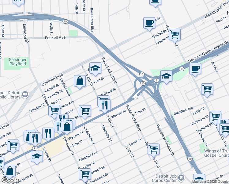 map of restaurants, bars, coffee shops, grocery stores, and more near 1941 Grand Street in Detroit
