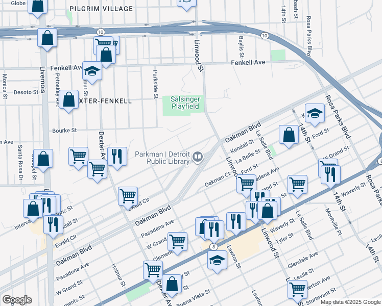 map of restaurants, bars, coffee shops, grocery stores, and more near 2901 Doris Street in Detroit