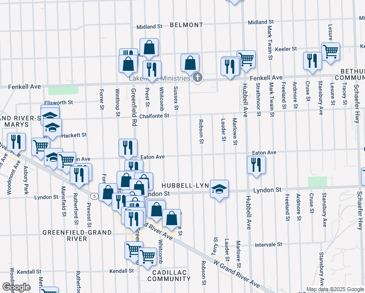 map of restaurants, bars, coffee shops, grocery stores, and more near 14848 Sussex Street in Detroit