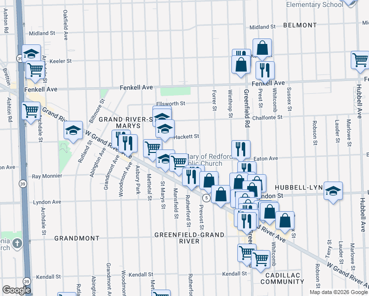 map of restaurants, bars, coffee shops, grocery stores, and more near 14860 Rutherford Street in Detroit