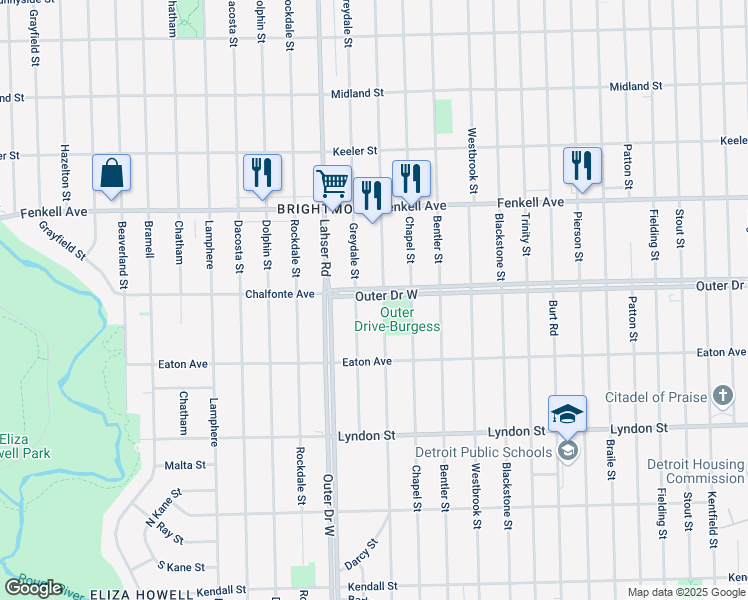 map of restaurants, bars, coffee shops, grocery stores, and more near 11413 Outer Drive West in Detroit