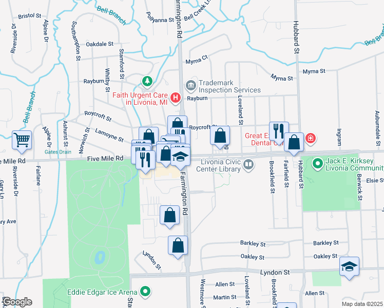 map of restaurants, bars, coffee shops, grocery stores, and more near 30935 W Five Mile Road in Livonia