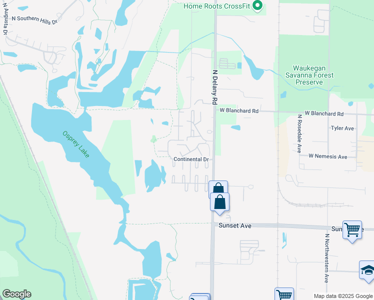 map of restaurants, bars, coffee shops, grocery stores, and more near 4150 Continental Drive in Waukegan