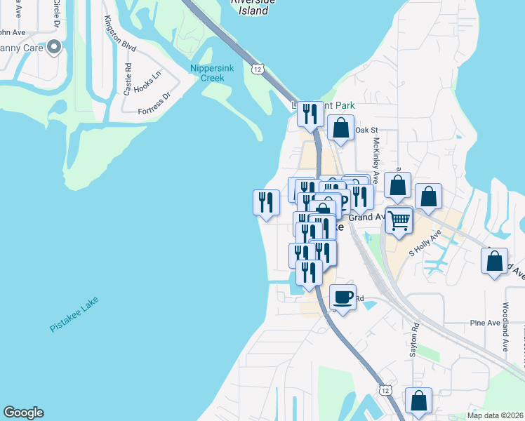 map of restaurants, bars, coffee shops, grocery stores, and more near 4 North Pistakee Lake Road in Fox Lake