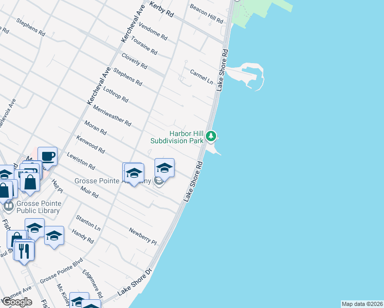 map of restaurants, bars, coffee shops, grocery stores, and more near 207 Lake Shore Road in Grosse Pointe Farms