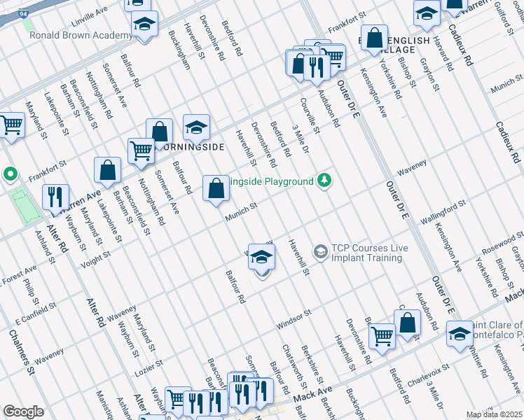 map of restaurants, bars, coffee shops, grocery stores, and more near 4400 Buckingham in Detroit