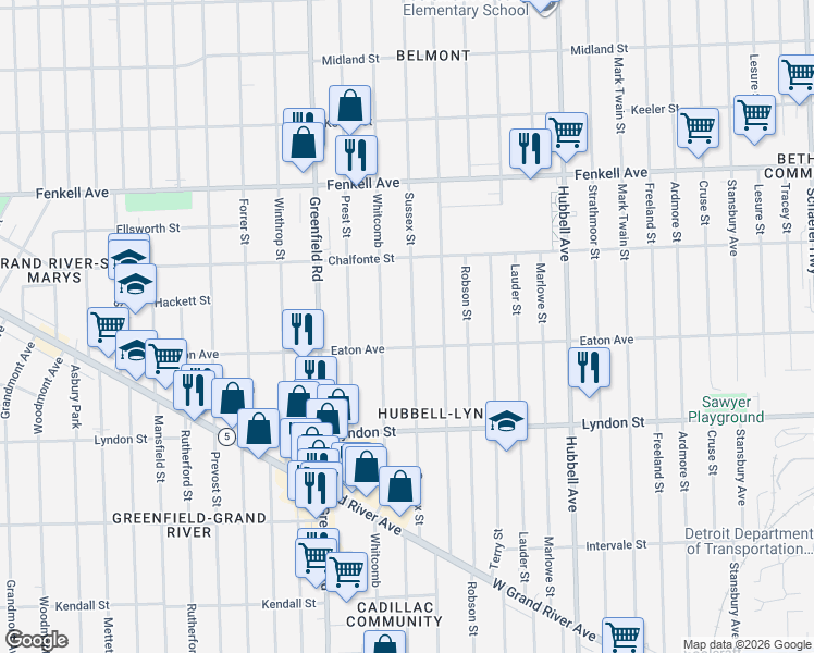 map of restaurants, bars, coffee shops, grocery stores, and more near 14848 Sussex Street in Detroit