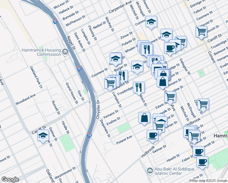 map of restaurants, bars, coffee shops, grocery stores, and more near 2200 Caniff Street in Hamtramck