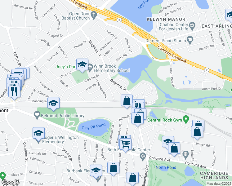 map of restaurants, bars, coffee shops, grocery stores, and more near 20 Eliot Road in Belmont