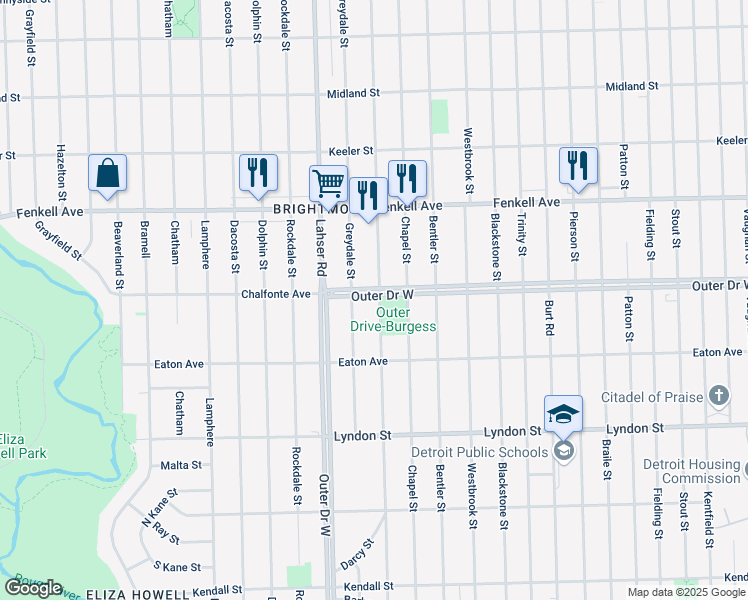 map of restaurants, bars, coffee shops, grocery stores, and more near 11413 Outer Drive West in Detroit