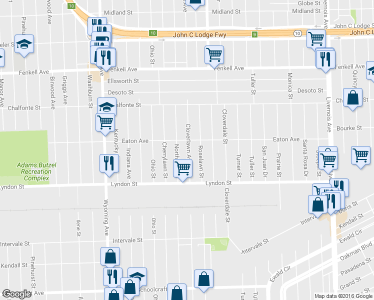 map of restaurants, bars, coffee shops, grocery stores, and more near 14649 Cloverlawn Avenue in Detroit