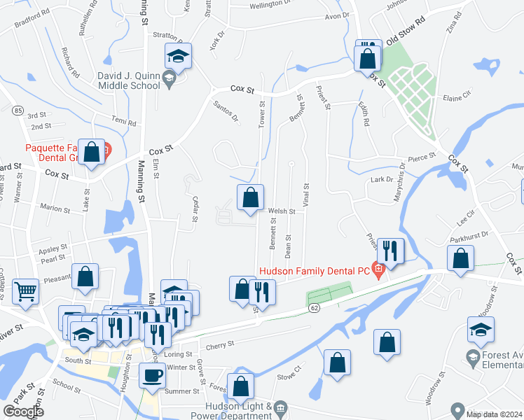 map of restaurants, bars, coffee shops, grocery stores, and more near 2 Welsh Street in Hudson