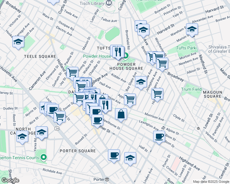 map of restaurants, bars, coffee shops, grocery stores, and more near 63 Hall Avenue in Somerville