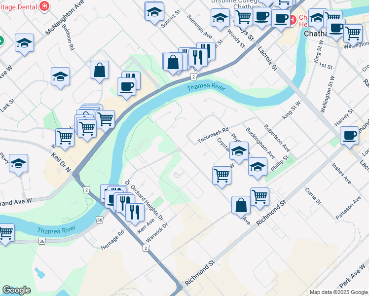 map of restaurants, bars, coffee shops, grocery stores, and more near 173 Merritt Avenue in Chatham