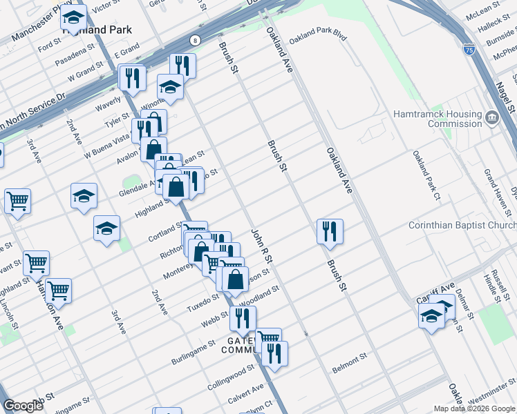 map of restaurants, bars, coffee shops, grocery stores, and more near 118 Massachusetts Street in Highland Park
