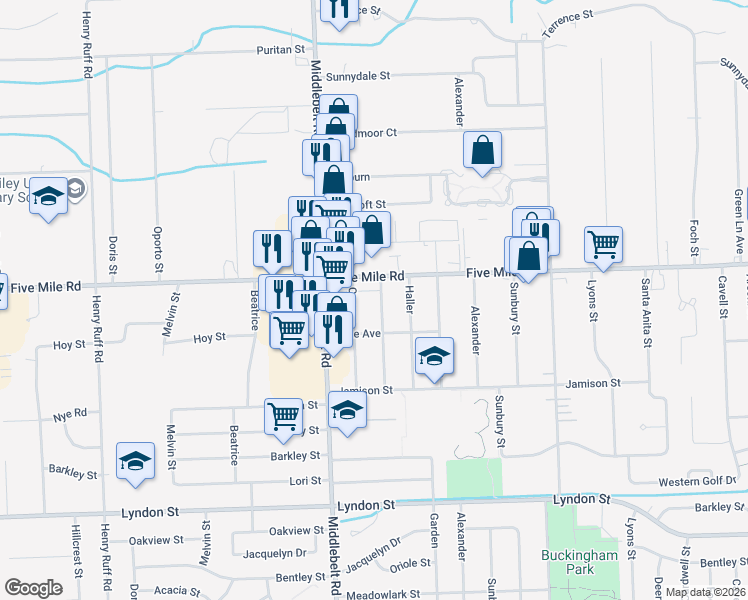 map of restaurants, bars, coffee shops, grocery stores, and more near 15177 Paderewski in Livonia