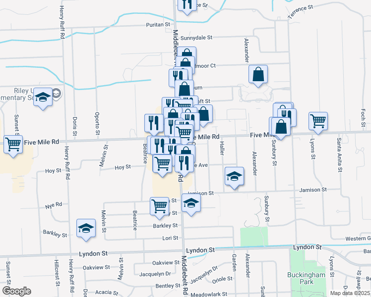 map of restaurants, bars, coffee shops, grocery stores, and more near 15260 Middlebelt Road in Livonia
