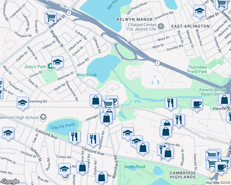 map of restaurants, bars, coffee shops, grocery stores, and more near 49 Hill Road in Belmont