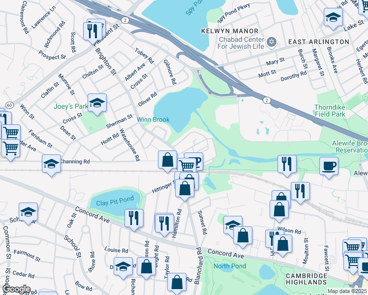 map of restaurants, bars, coffee shops, grocery stores, and more near 14-20 Hill Road in Belmont