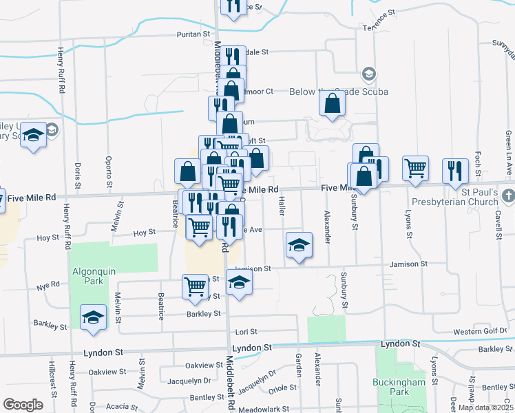 map of restaurants, bars, coffee shops, grocery stores, and more near 15177 Paderewski in Livonia