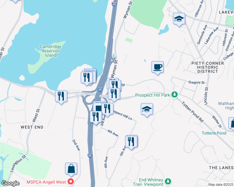 map of restaurants, bars, coffee shops, grocery stores, and more near 392 Winter Street in Waltham