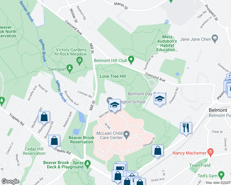 map of restaurants, bars, coffee shops, grocery stores, and more near 29 Summit Road in Belmont