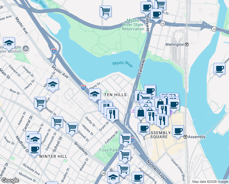 map of restaurants, bars, coffee shops, grocery stores, and more near in Somerville