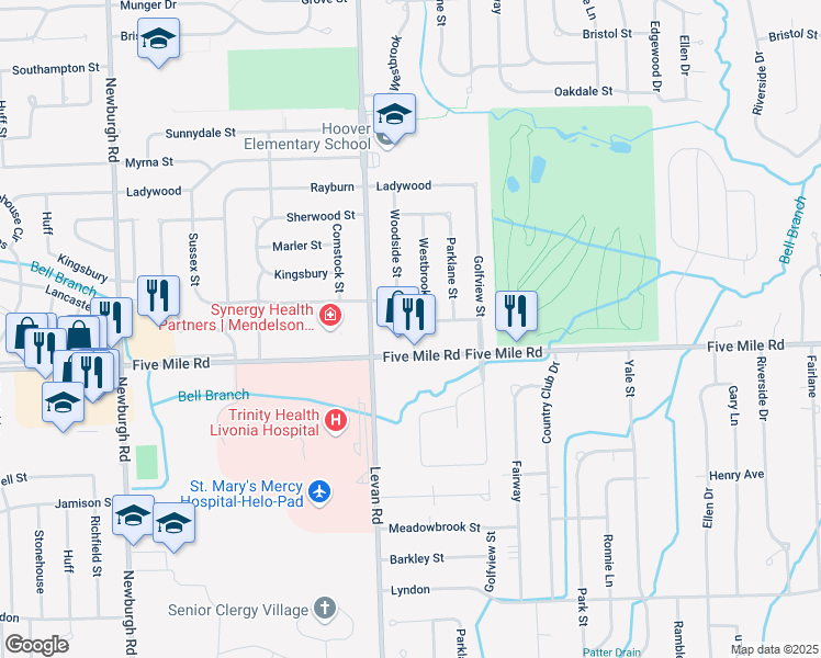 map of restaurants, bars, coffee shops, grocery stores, and more near 36107 Roycroft Street in Livonia