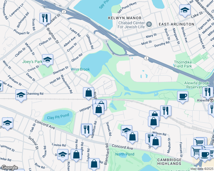 map of restaurants, bars, coffee shops, grocery stores, and more near 49 Hill Road in Belmont