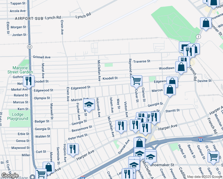 map of restaurants, bars, coffee shops, grocery stores, and more near 9150 Isham Avenue in Detroit