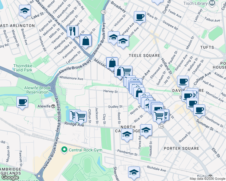 map of restaurants, bars, coffee shops, grocery stores, and more near 85 Harvey Street in Cambridge