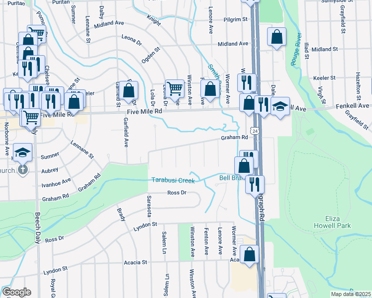 map of restaurants, bars, coffee shops, grocery stores, and more near 24609 Graham Rd in Redford Charter Township