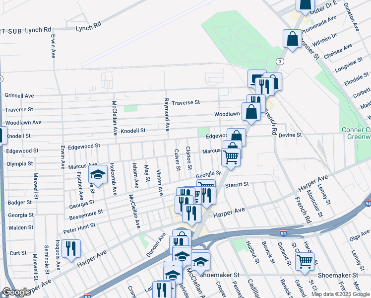 map of restaurants, bars, coffee shops, grocery stores, and more near 9117 Clarion Street in Detroit