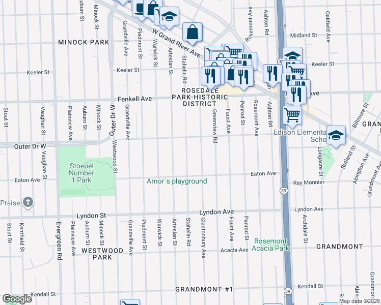 map of restaurants, bars, coffee shops, grocery stores, and more near 14900 Stahelin Road in Detroit