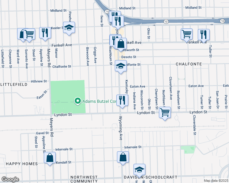 map of restaurants, bars, coffee shops, grocery stores, and more near 14658 Washburn Street in Detroit
