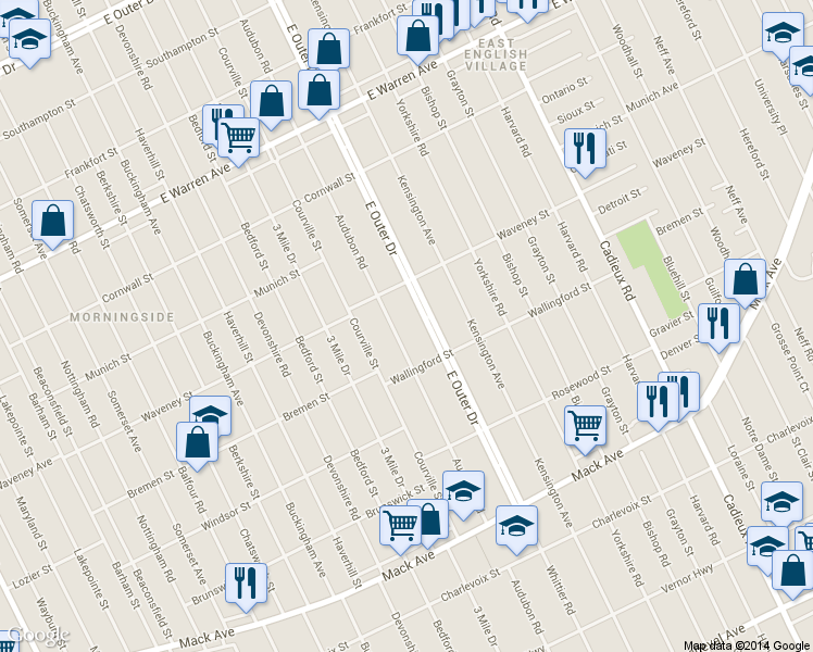 map of restaurants, bars, coffee shops, grocery stores, and more near 4188 Audubon Rd in Detroit