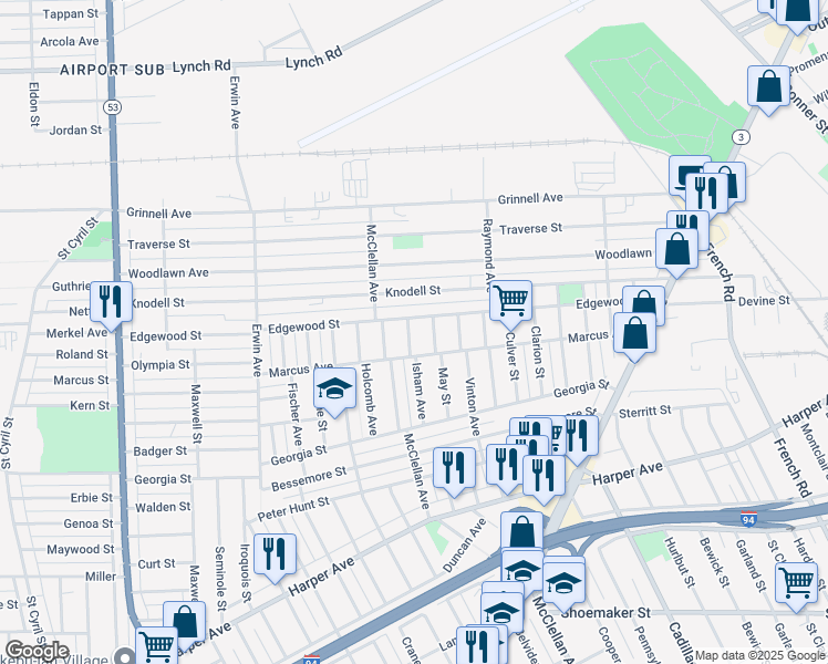 map of restaurants, bars, coffee shops, grocery stores, and more near 9150 Isham Avenue in Detroit