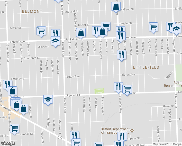 map of restaurants, bars, coffee shops, grocery stores, and more near 14820 Ardmore St in Detroit