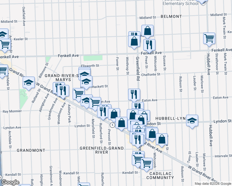 map of restaurants, bars, coffee shops, grocery stores, and more near 14855 Forrer Street in Detroit