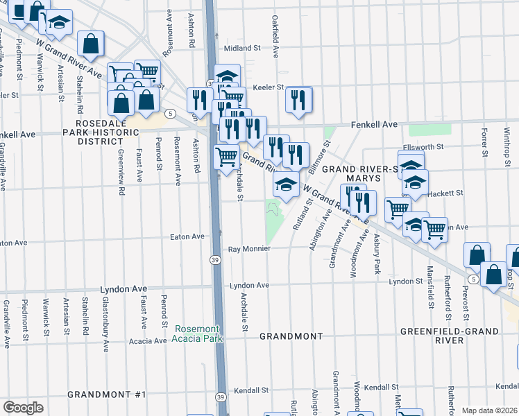 map of restaurants, bars, coffee shops, grocery stores, and more near 14731 Longacre Street in Detroit
