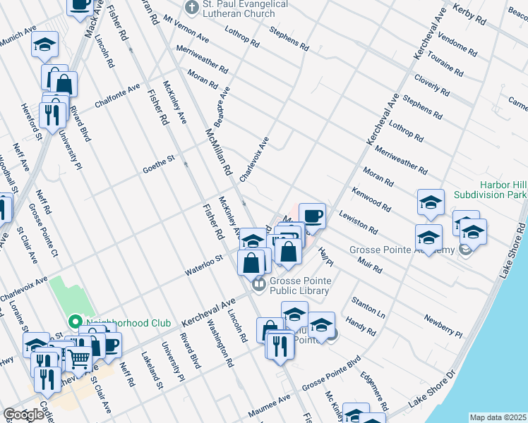 map of restaurants, bars, coffee shops, grocery stores, and more near 213 Muir Road in Grosse Pointe Farms