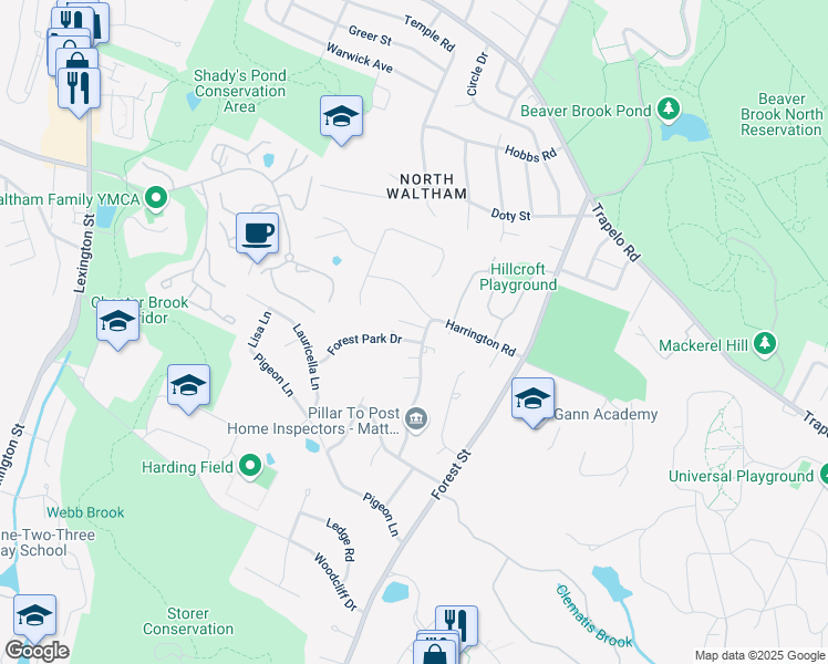 map of restaurants, bars, coffee shops, grocery stores, and more near 8 Forest Park Drive in Waltham