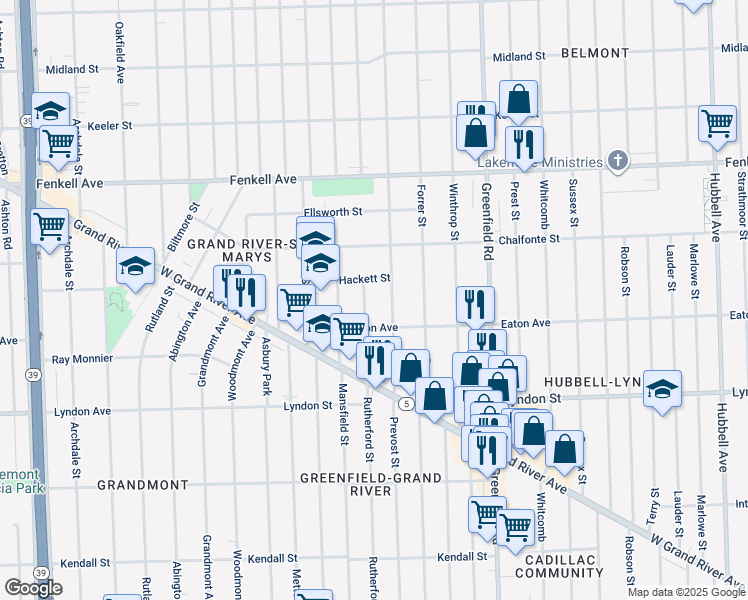 map of restaurants, bars, coffee shops, grocery stores, and more near 14860 Rutherford Street in Detroit