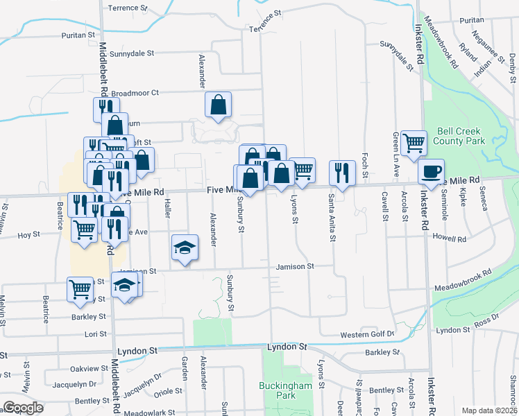 map of restaurants, bars, coffee shops, grocery stores, and more near 15161 Harrison Street in Livonia