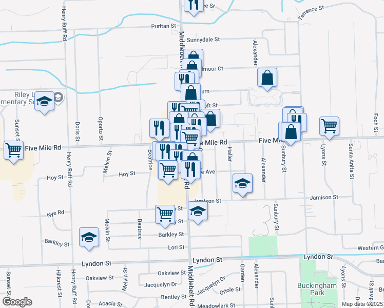 map of restaurants, bars, coffee shops, grocery stores, and more near 15260 Middlebelt Road in Livonia