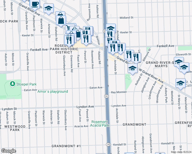 map of restaurants, bars, coffee shops, grocery stores, and more near 14890 Rosemont Ave in Detroit