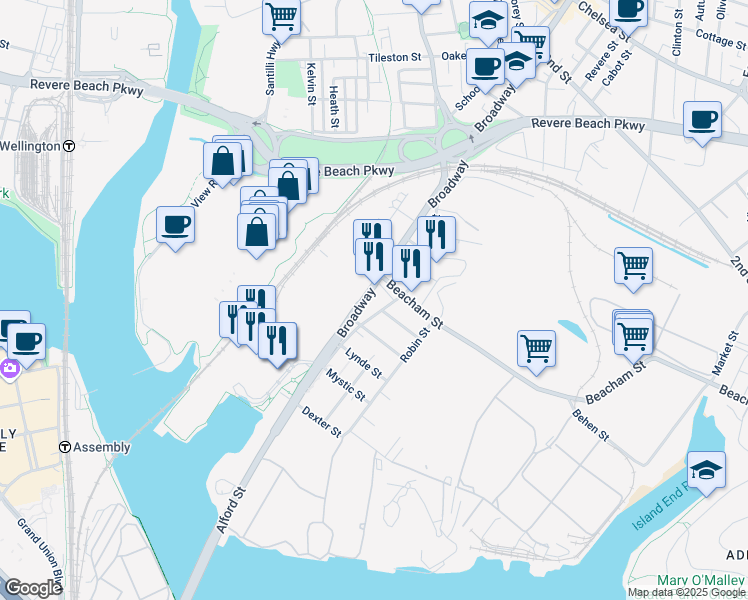 map of restaurants, bars, coffee shops, grocery stores, and more near 107 Broadway in Everett