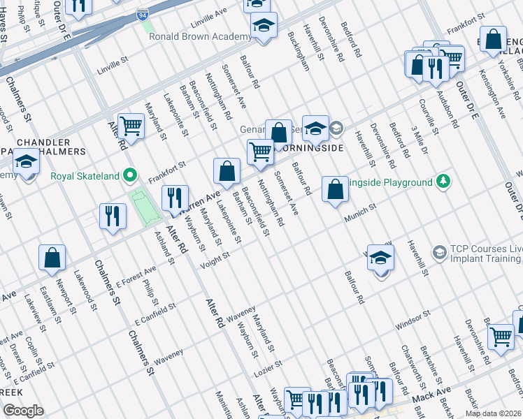 map of restaurants, bars, coffee shops, grocery stores, and more near 4820 Beaconsfield St in Detroit